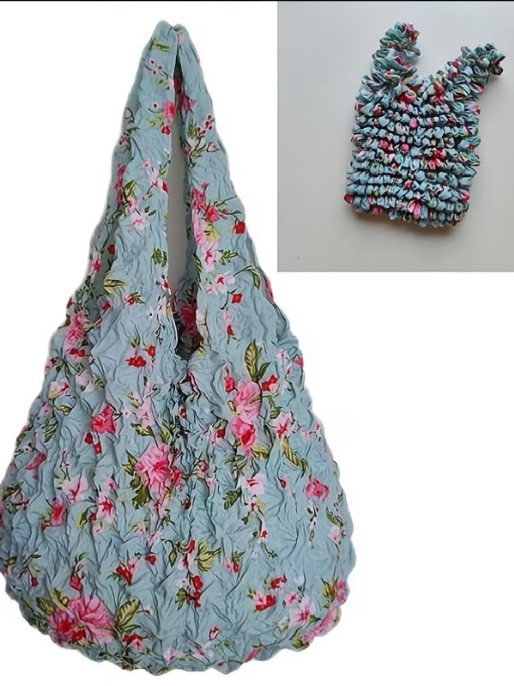 Light Blue Floral Ruched Shoulder Bag - Pink Flower Pattern